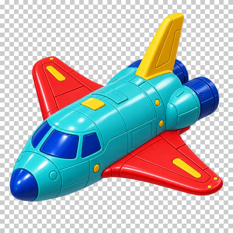 A turquoise toy space shuttle with red wings, a yellow tail and blue cockpit windows and engine housings.