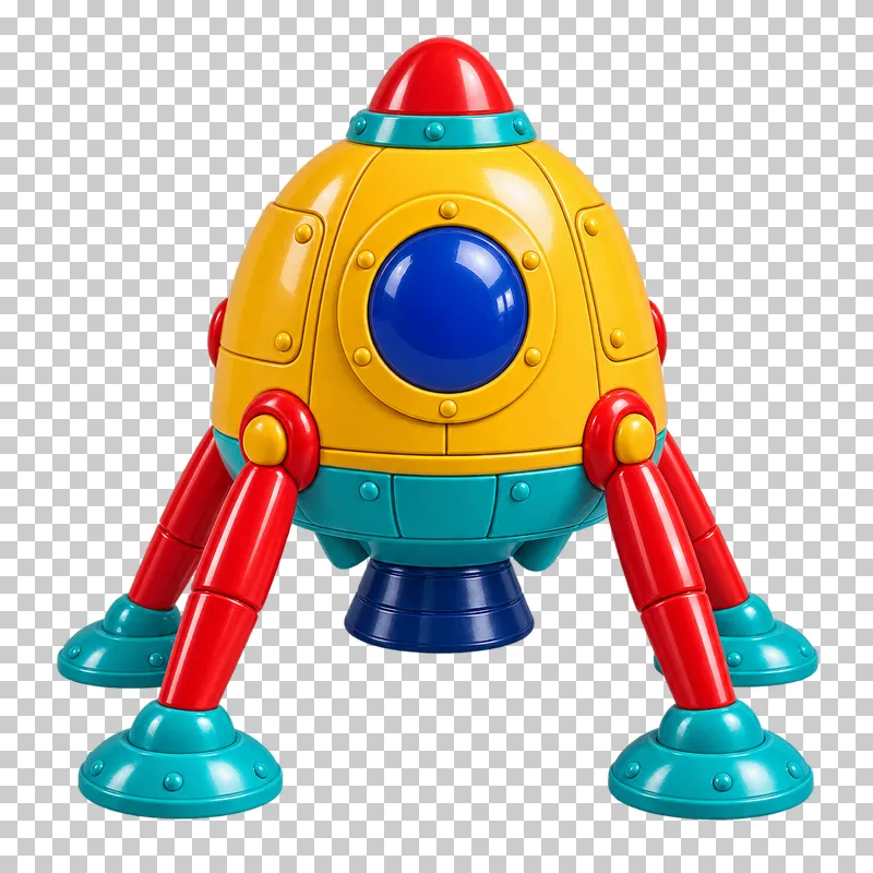 A yellow lunar lander toy with a blue porthole, four red legs and turquoise footpads.