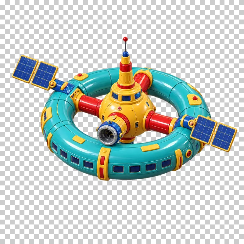 A turquoise ring-shaped toy space station with a yellow central hub, red connecting spokes and blue solar panels.