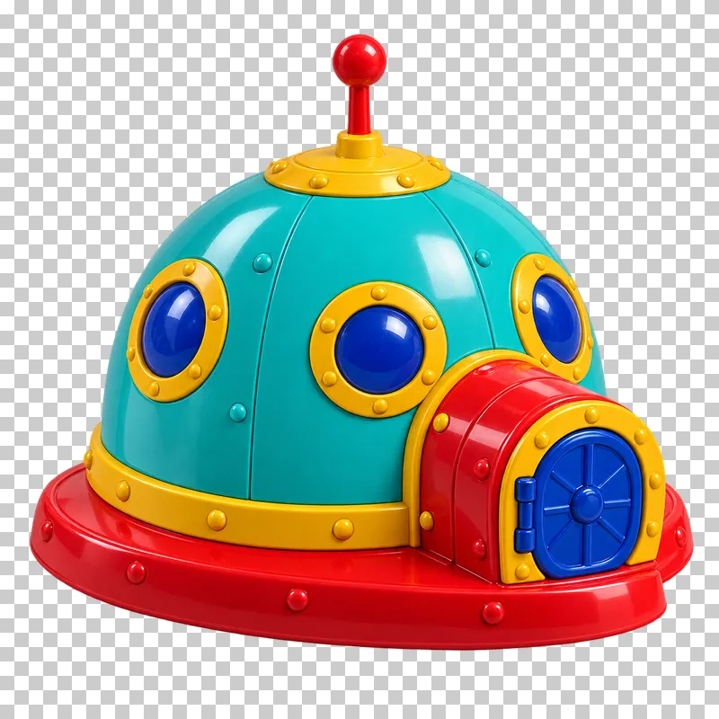 A turquoise moon base toy with blue windows, a red airlock, a roof antenna and an attached red base.
