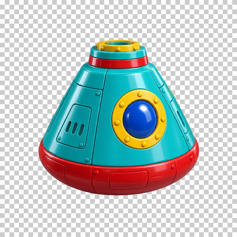 A turquoise conical space capsule toy with a red lower rim and a blue porthole in a yellow frame.