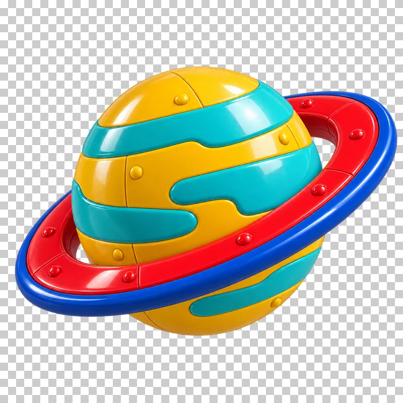 A yellow toy planet with turquoise bands and a tilted red ring edged in blue.
