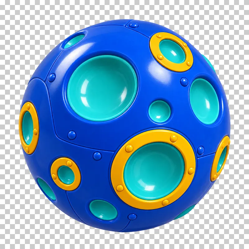 A blue toy moon with rounded turquoise craters and yellow accents.