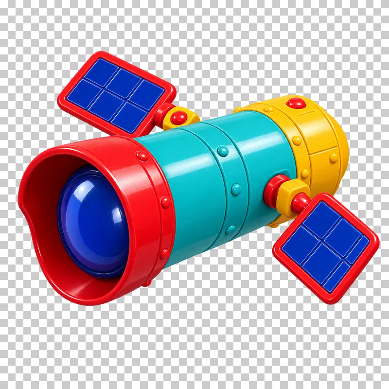 A turquoise orbital telescope toy with a red lens hood, a blue lens, a yellow rear housing and blue solar panels.