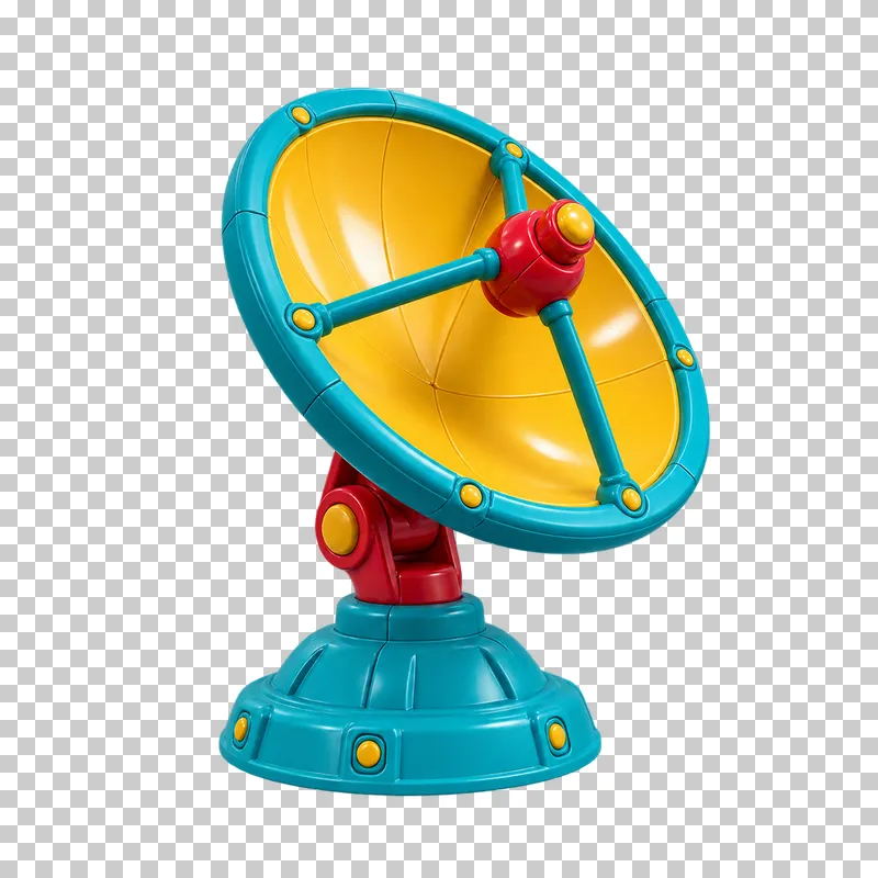 A yellow toy radar dish with a turquoise rim and receiver struts, a red mount and a turquoise base.