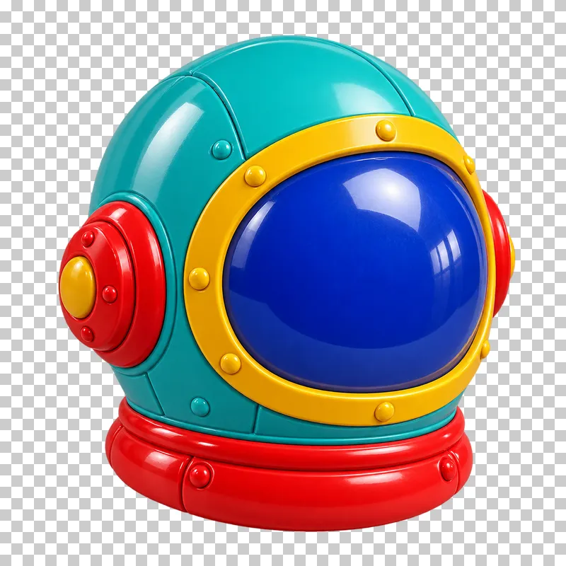 A turquoise astronaut helmet toy with a yellow visor frame, a glossy blue visor and a red neck ring.