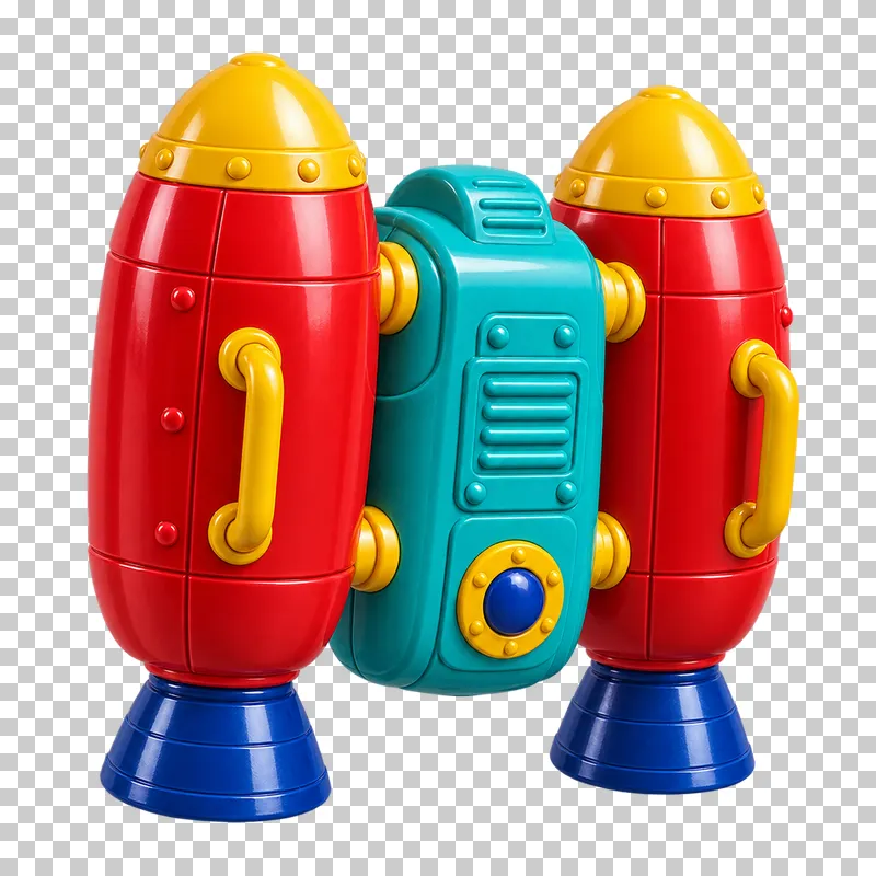 A toy jetpack with two red tanks, yellow caps and handles, blue nozzles and a turquoise central housing.