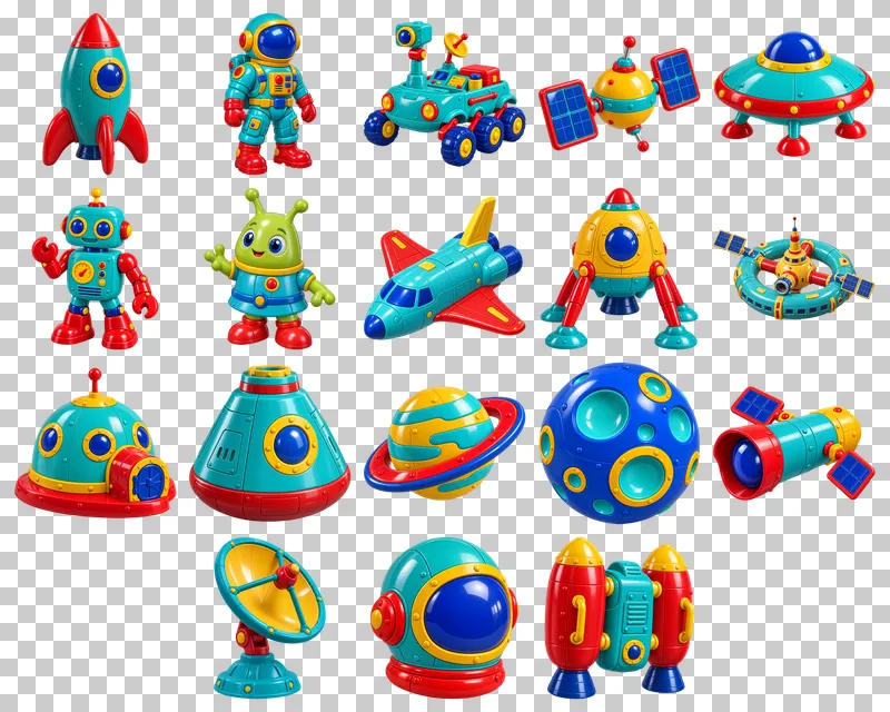 Retro Space Toys PNG Collection: all 18 elements in one grid