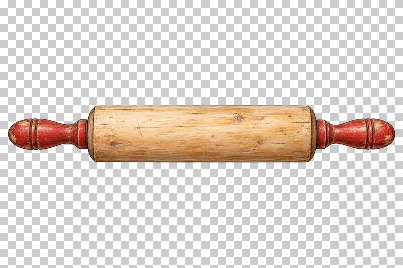 A wooden rolling pin with a cream barrel and two faded-red turned handles, illustrated in gouache with a fine ink outline.