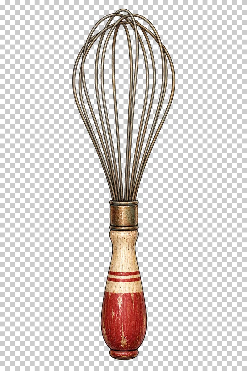 A wire balloon whisk with a cream and faded-red wooden handle and slender metal loops.