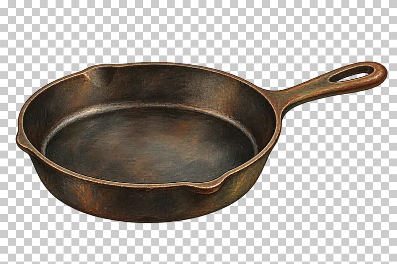 A dark cast-iron skillet with a long handle, two pouring lips and warm copper-colored highlights.