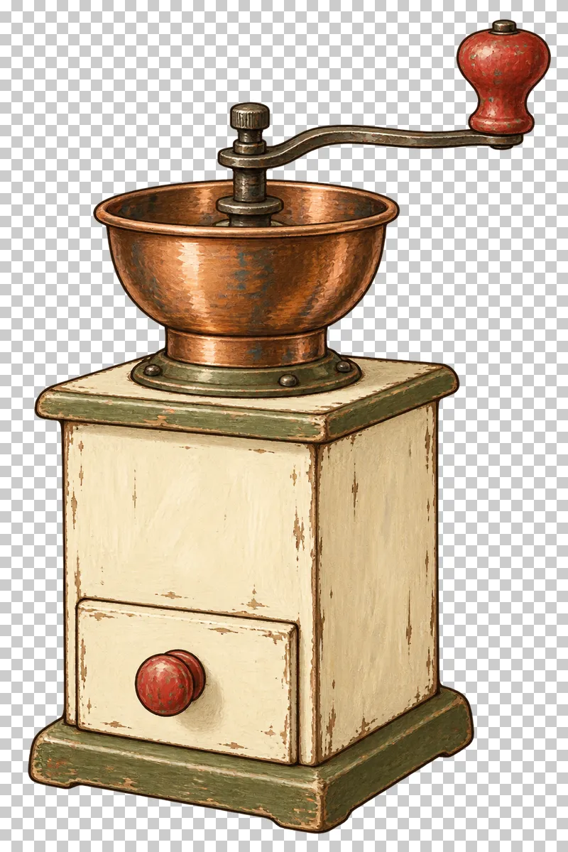 A cream wooden coffee grinder with olive trim, a copper hopper, a front drawer and a faded-red crank handle.