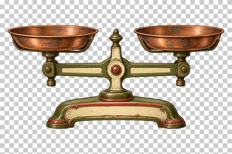 A two-pan tabletop balance scale with copper pans, an olive beam and a cream base edged in faded red.