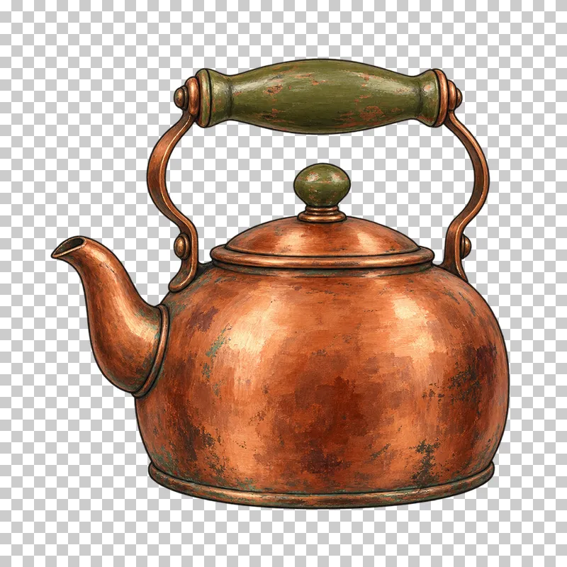 A round copper kettle with a curved spout, fitted lid and an arched handle with an olive wooden grip.