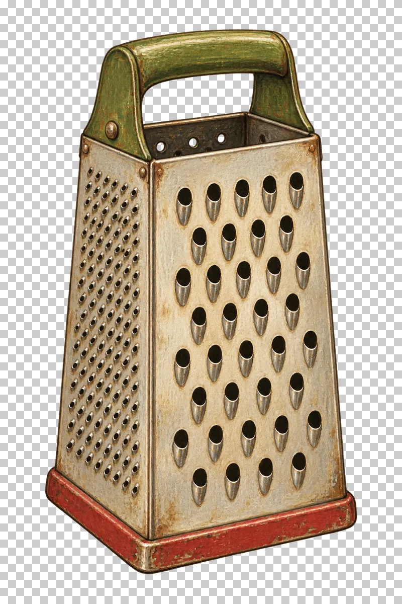 A tall metal box grater with two different grating faces, an olive handle and a faded-red lower rim.