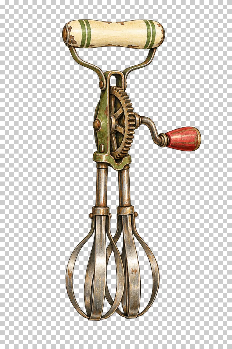A manual rotary egg beater with a cream top grip, olive frame, exposed gear, faded-red crank knob and two loop beaters.