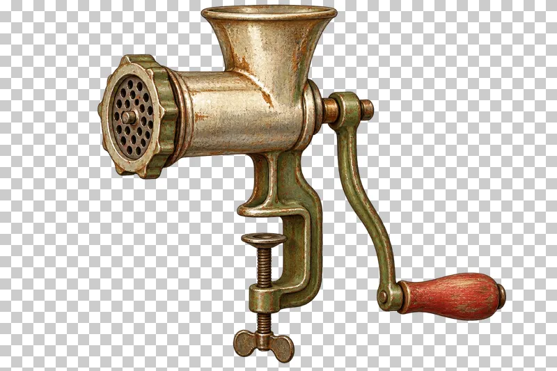 A hand-crank meat grinder with a feed hopper, perforated front plate, olive crank, red wooden handle and threaded table clamp.