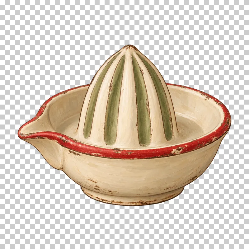 A cream ceramic citrus juicer with an olive-accented ribbed reamer, faded-red rim and small pouring lip.