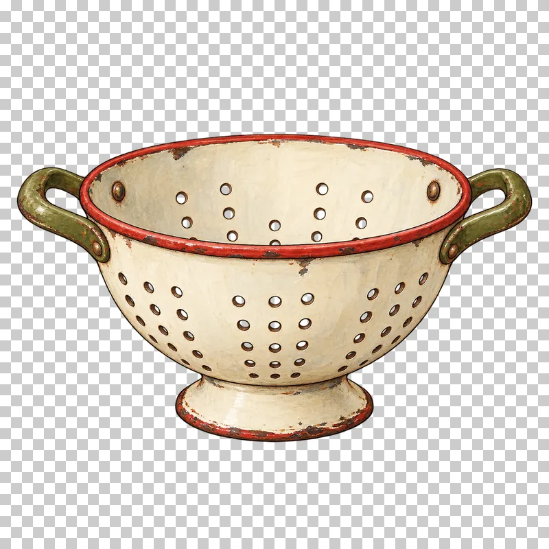 A cream enamel colander with drainage holes, two olive handles, a faded-red rim and a raised foot.