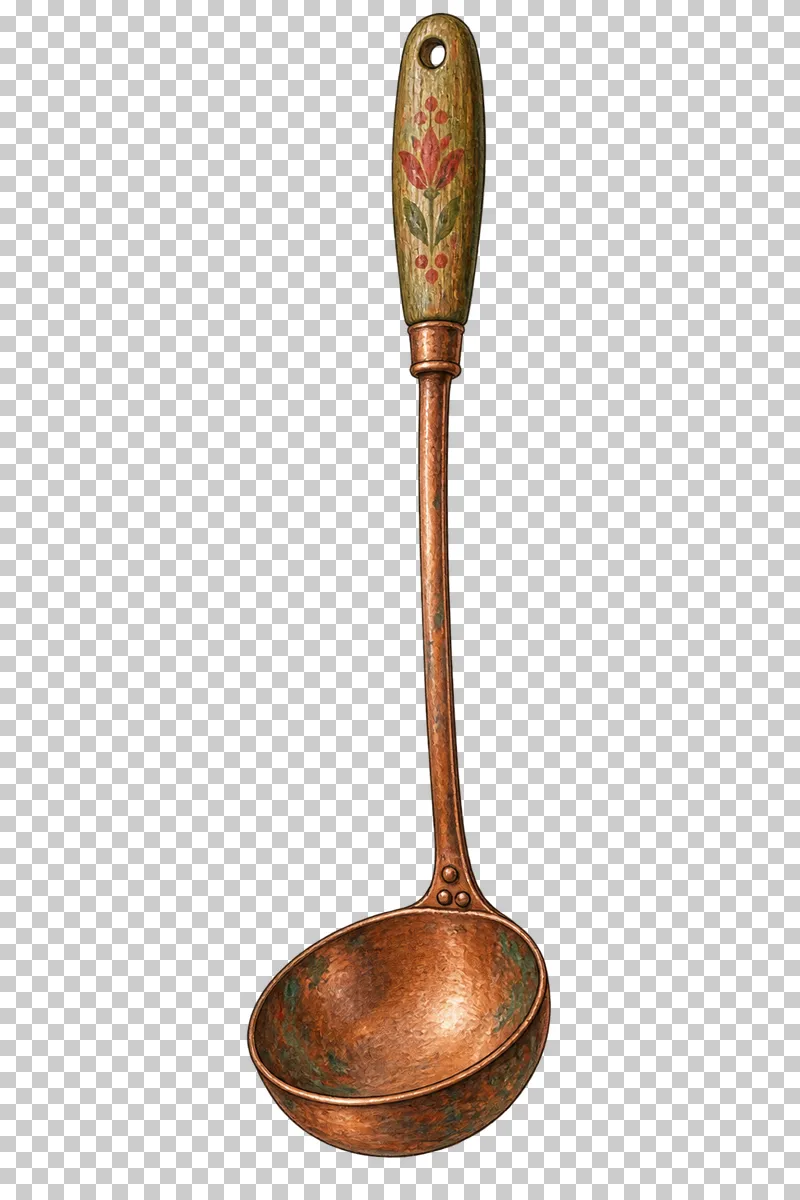 A copper soup ladle with a long narrow shank and an olive wooden handle decorated with a small faded-red floral motif.