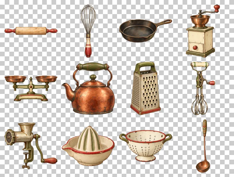 Vintage Kitchen Tools PNG Collection: all 12 elements in one grid