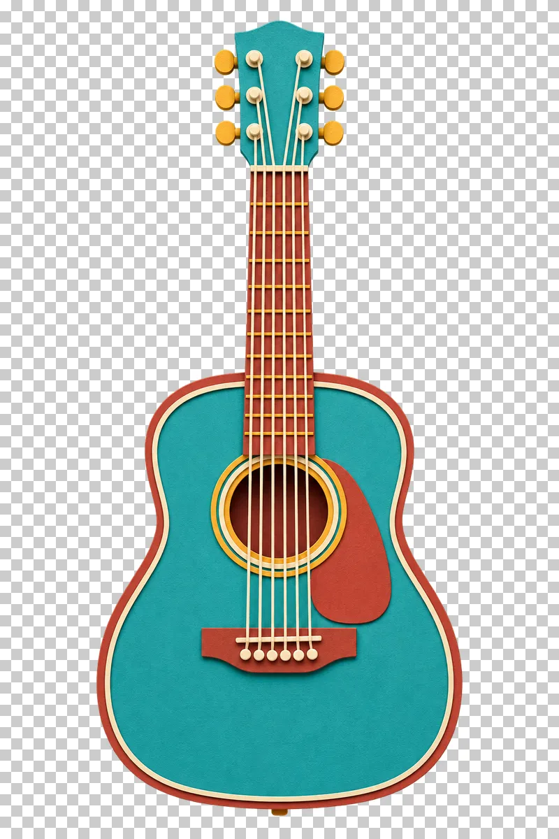 A turquoise paper craft acoustic guitar with six cream strings, layered rims and a terracotta pickguard.