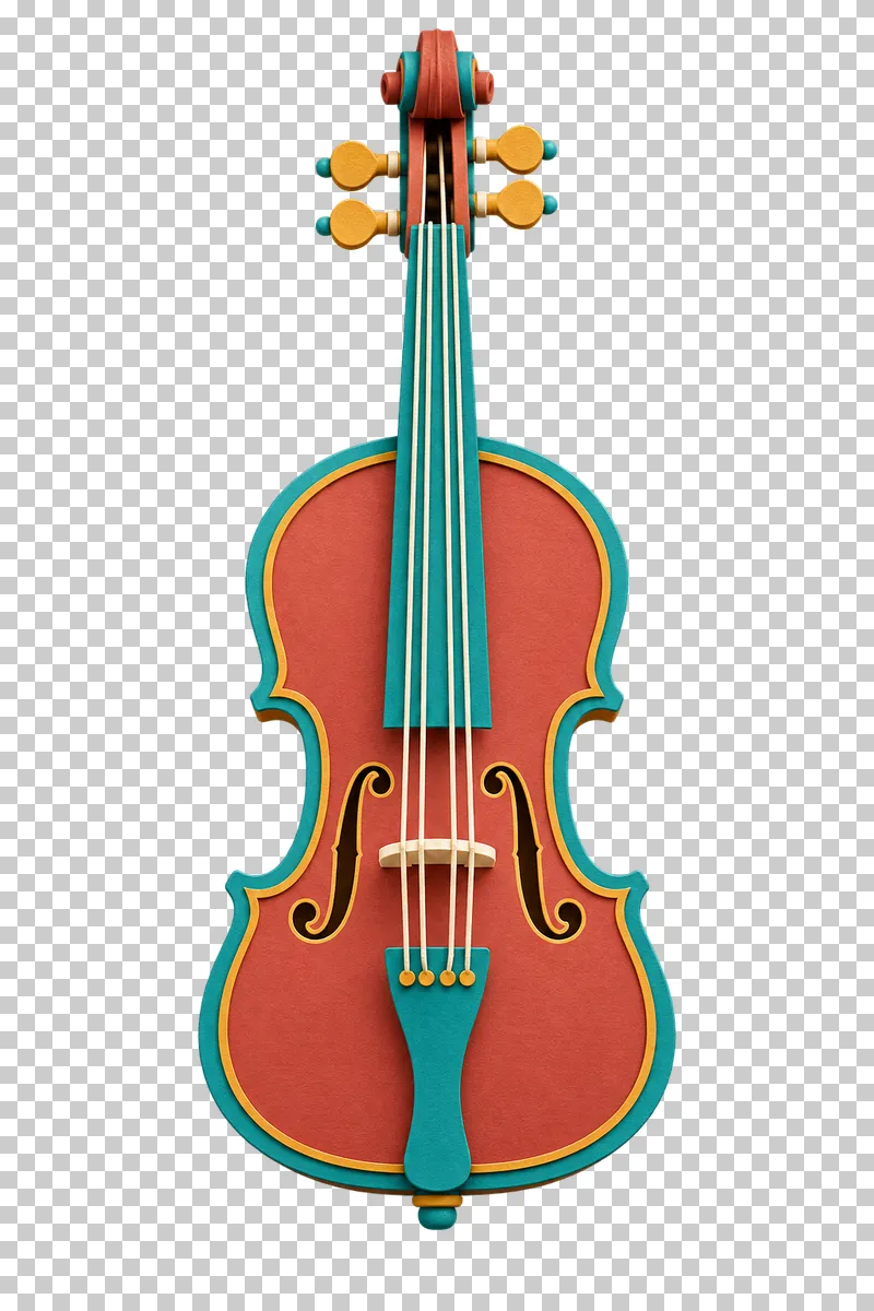 A terracotta paper craft violin with four cream strings, a turquoise fingerboard, gold trim and two f-holes.