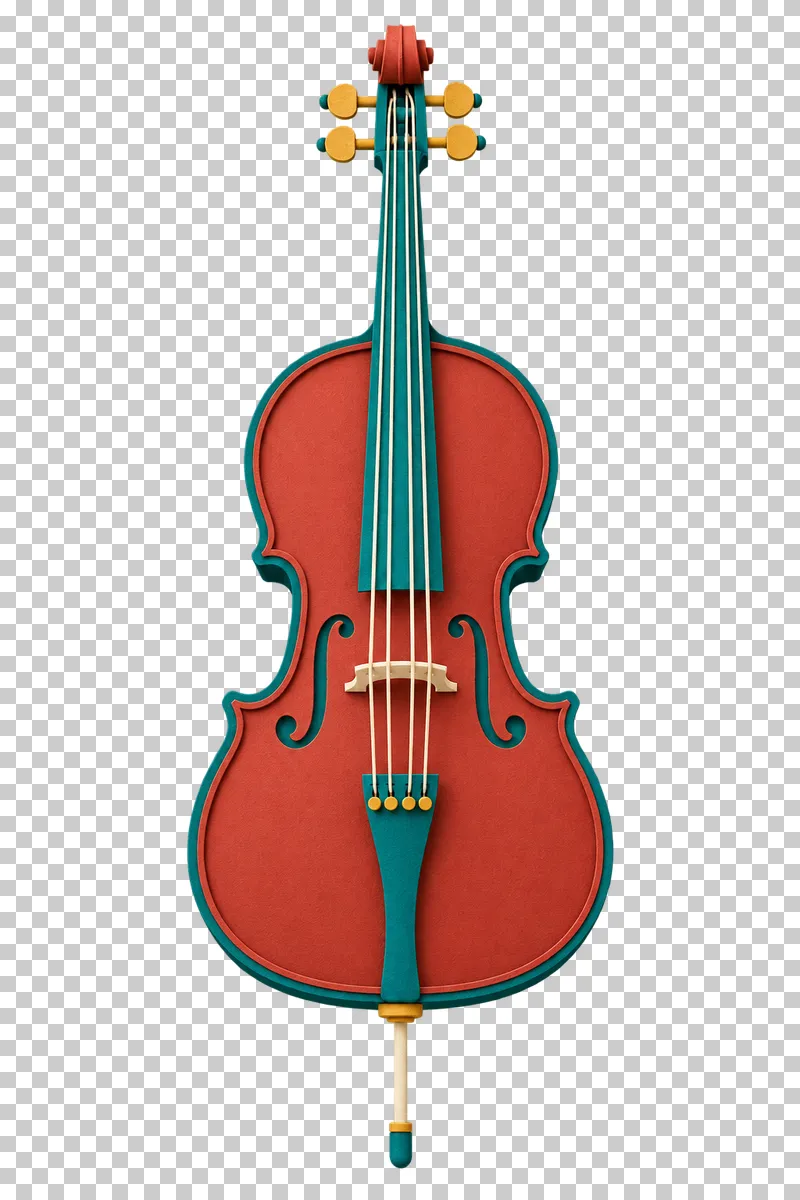 A terracotta paper craft cello with four cream strings, turquoise trim, two f-holes and a complete endpin.