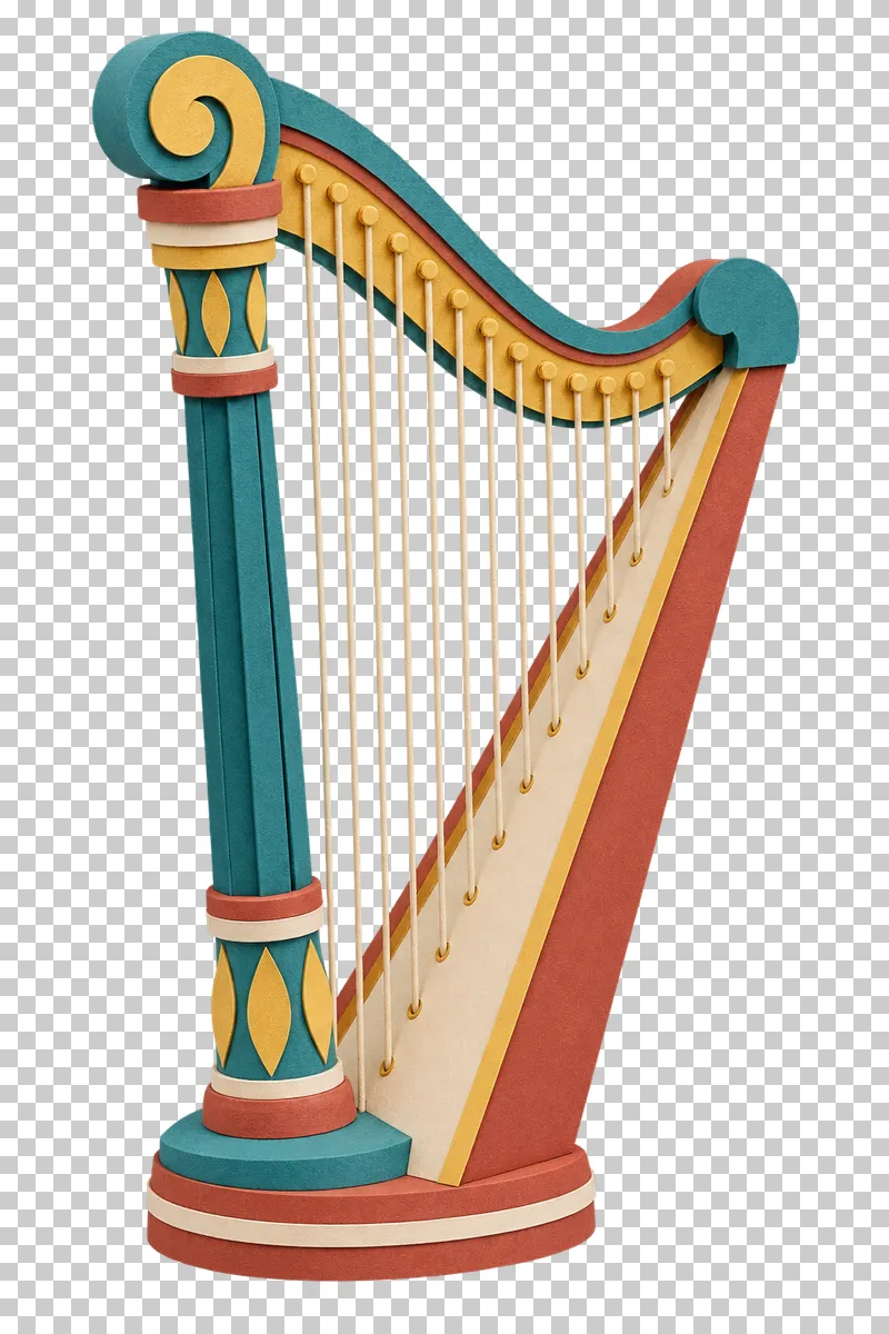 A paper craft harp with a turquoise column, curved gold neck, cream strings and a terracotta soundbox.