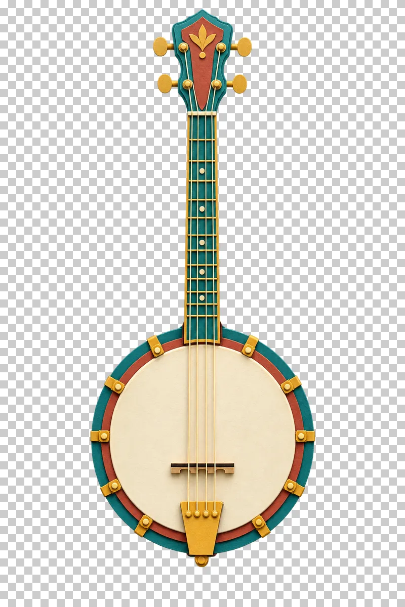 A four-string paper craft tenor banjo with a cream drumhead, turquoise neck and gold fittings.