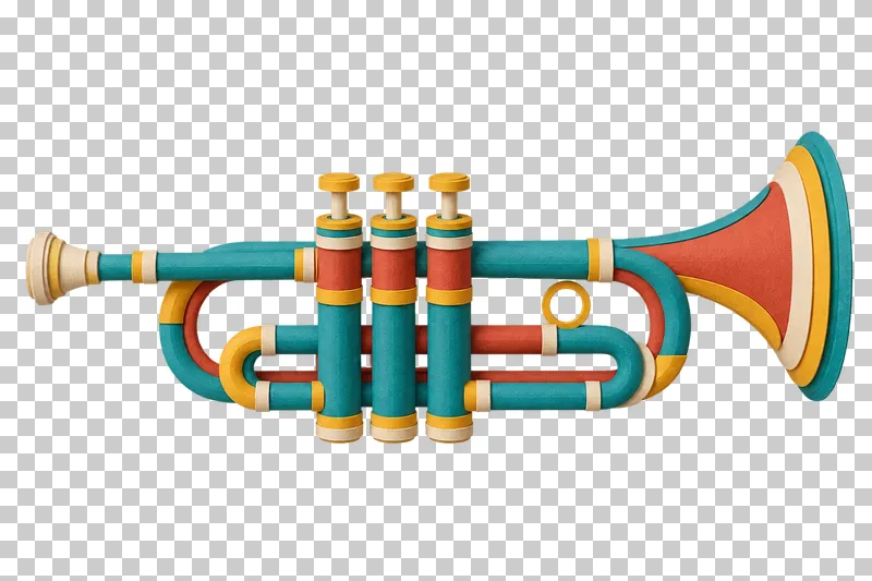 A paper craft trumpet with turquoise tubing, three valve buttons and a layered terracotta, cream and gold bell.