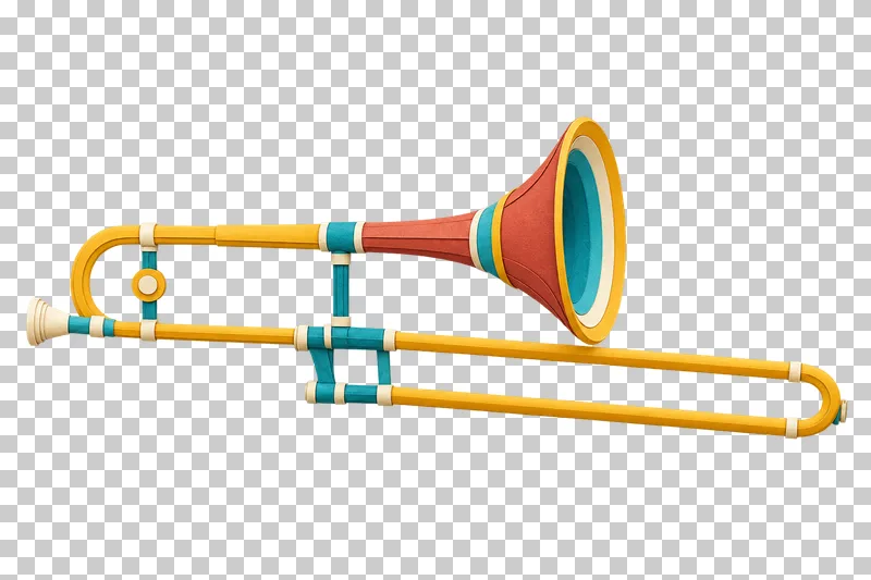 A paper craft trombone with a long gold slide, turquoise braces and a terracotta flared bell.