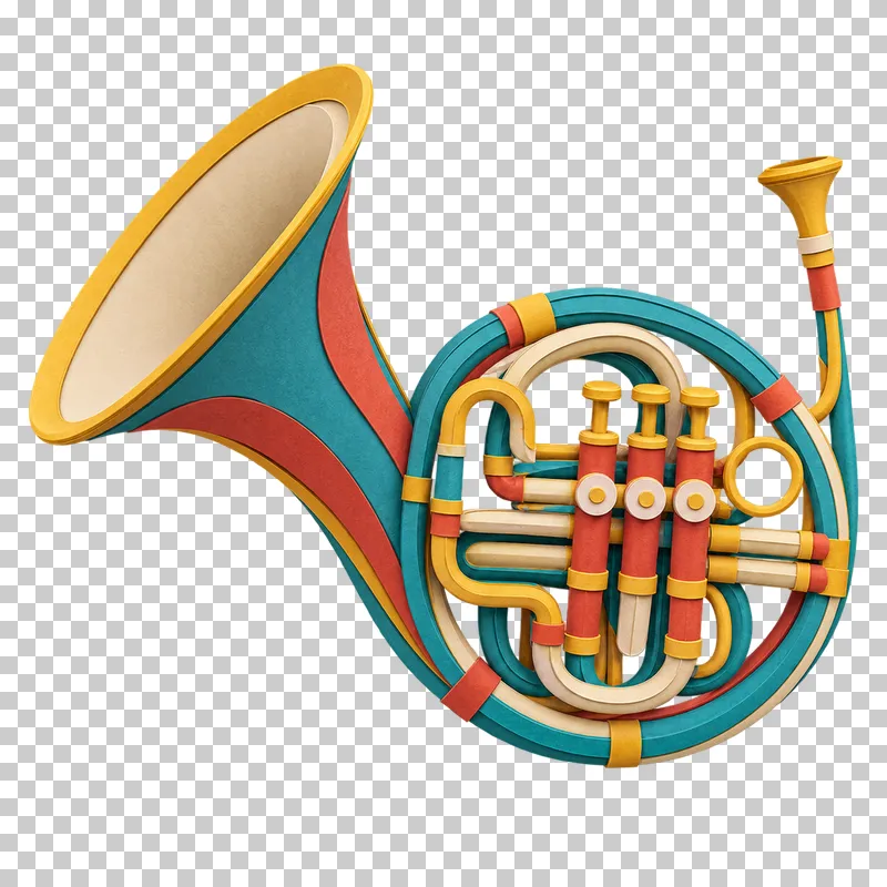 A paper craft French horn with coiled turquoise and cream tubing, gold fittings and a wide layered bell.