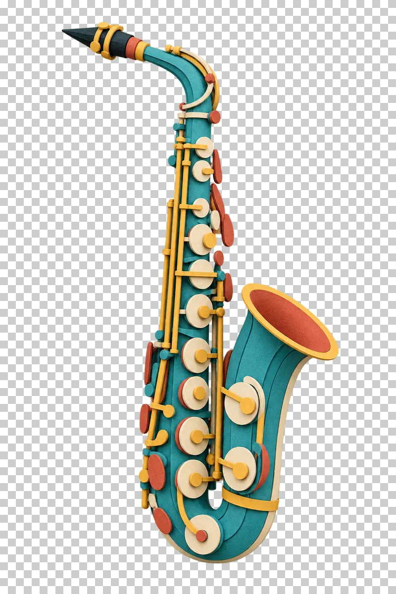 A turquoise paper craft saxophone with cream keys, gold rods and a terracotta interior in its upturned bell.