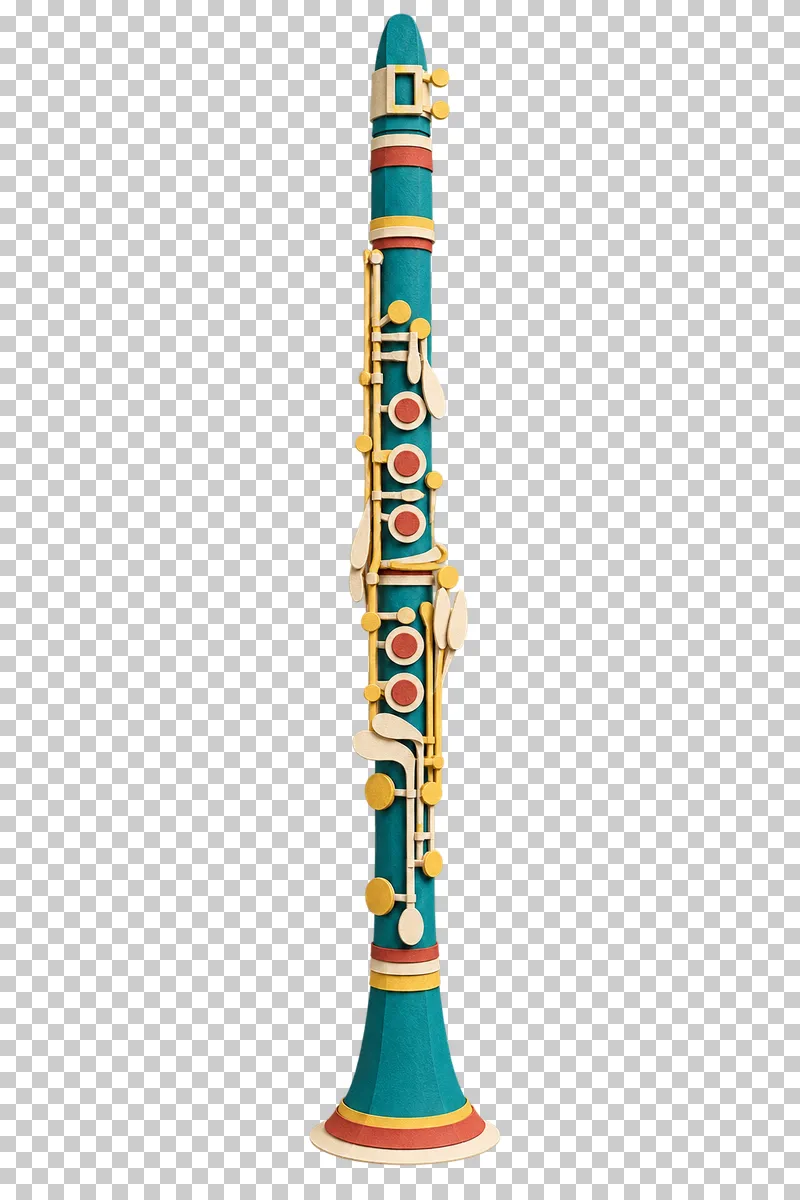 A tall turquoise paper craft clarinet with cream and gold keys, terracotta details and a flared bell.