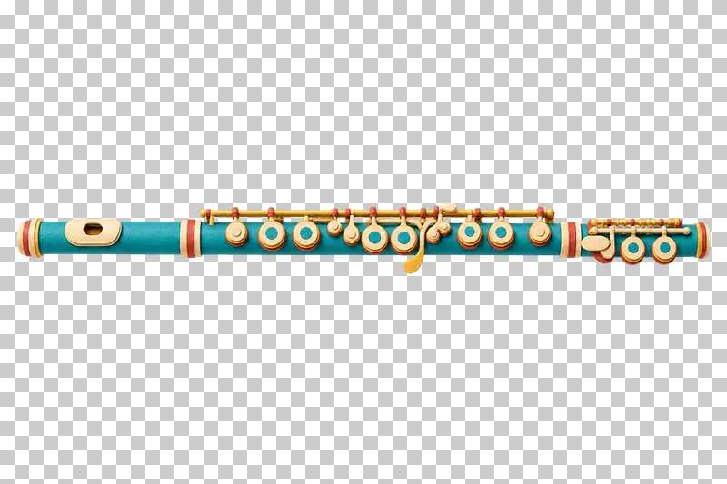 A horizontal turquoise paper craft flute with a cream mouthpiece plate and layered gold, cream and terracotta keys.