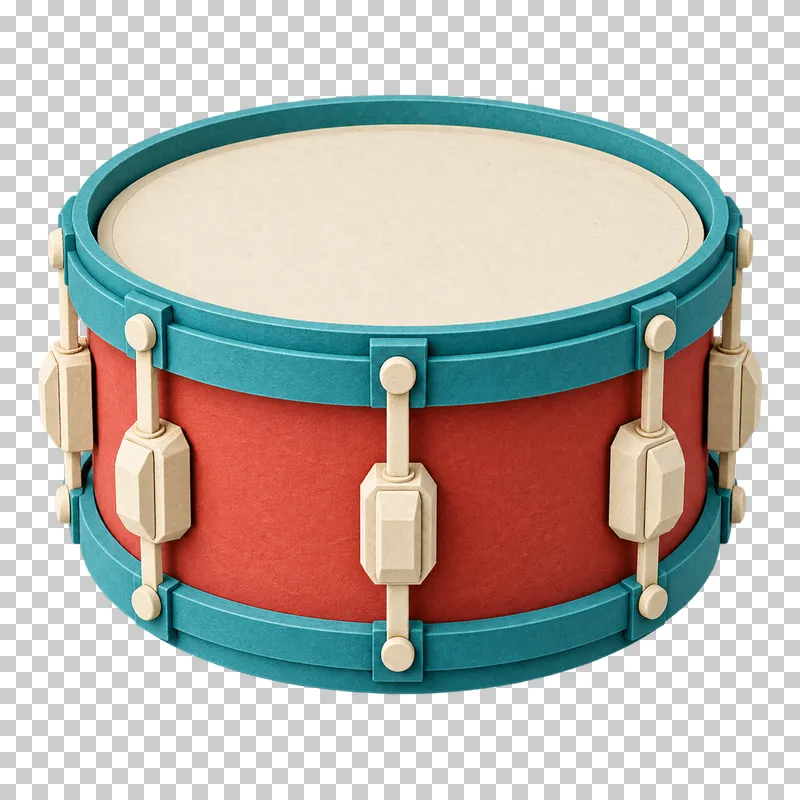 A terracotta paper craft snare drum with turquoise rims, a cream drumhead and cream tension lugs.