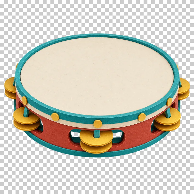 A round paper craft tambourine with a cream drumhead, turquoise rim and paired gold paper jingles.