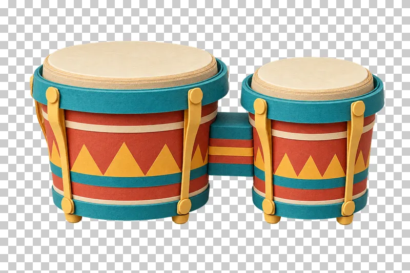 Two connected terracotta paper craft bongo drums with cream heads, turquoise rims and gold triangular decoration.