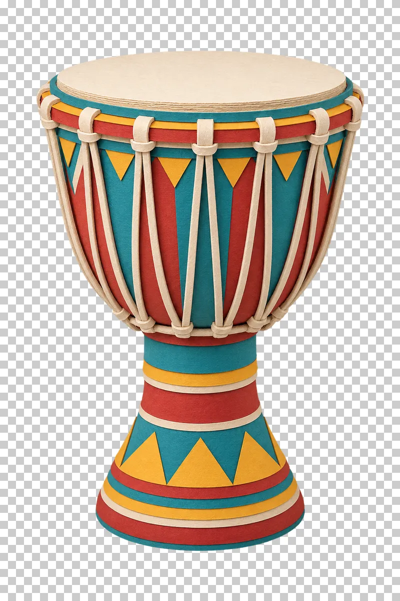 A goblet-shaped paper craft djembe with a cream drumhead, cream tension straps and turquoise, terracotta and gold layers.