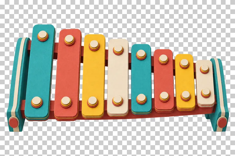 A paper craft xylophone with eight colored bars of decreasing length attached to a terracotta and turquoise frame.