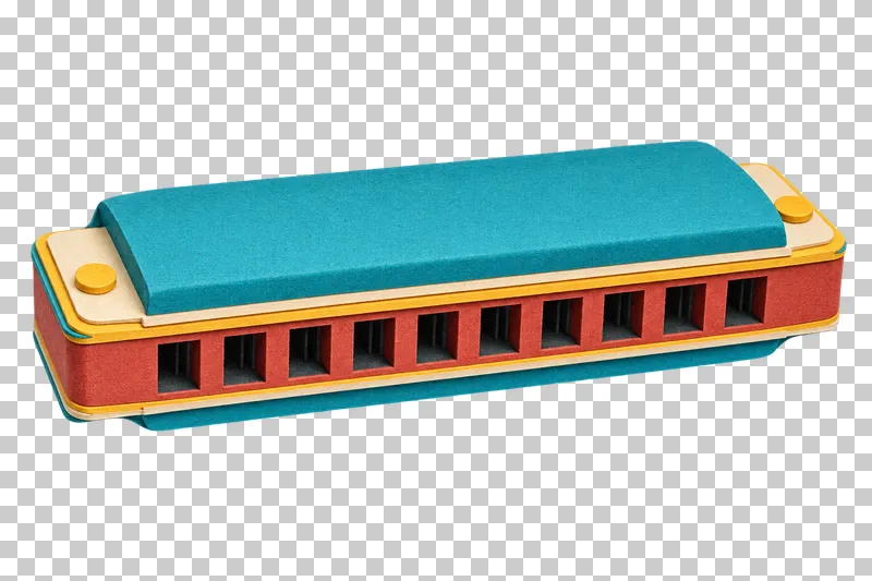 A paper craft harmonica with a turquoise cover, terracotta comb, gold trim and ten rectangular mouth holes.