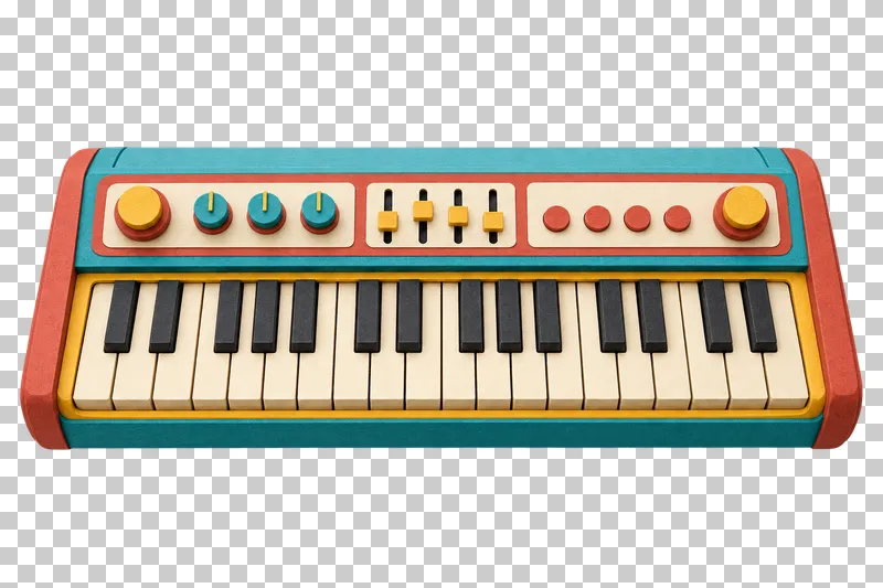A turquoise and terracotta paper craft keyboard with cream and charcoal keys, gold sliders and round controls.