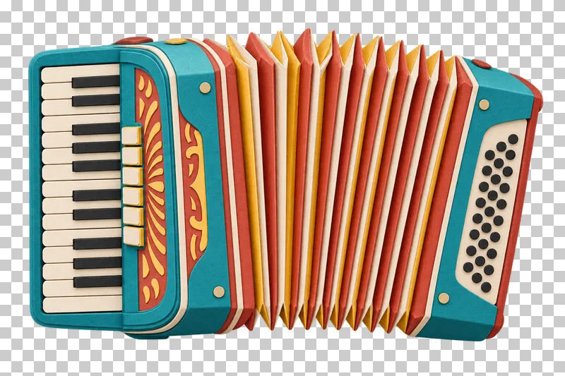 A paper craft accordion with turquoise end housings, cream and charcoal piano keys and folded terracotta, cream and gold bellows.