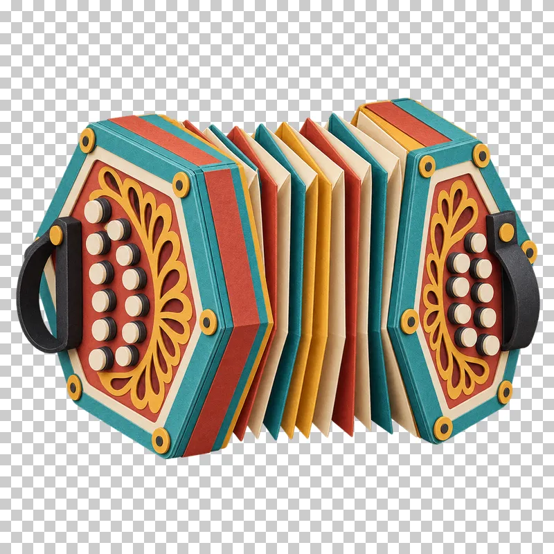 A paper craft concertina with hexagonal ends, cream buttons, charcoal handles and folded colored paper bellows.