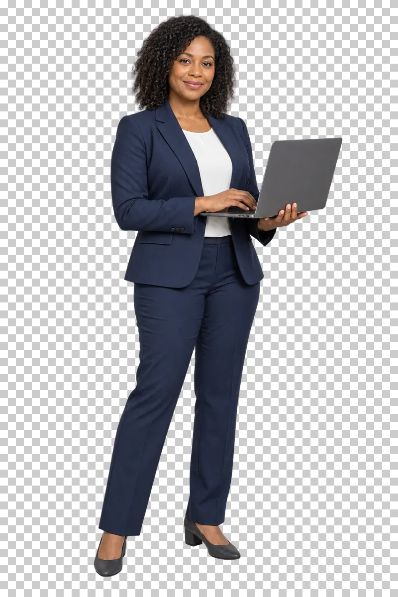 A woman in a navy trouser suit standing with an open graphite laptop.