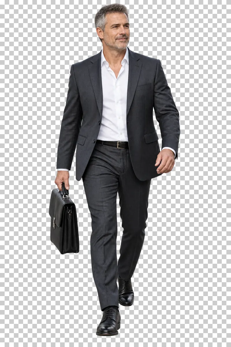 A man in a charcoal suit walking with a black briefcase.