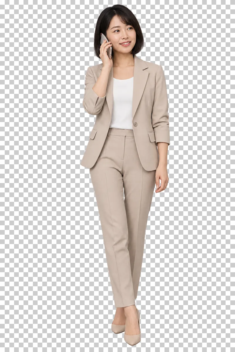 A woman in a beige trouser suit talking on a mobile phone.