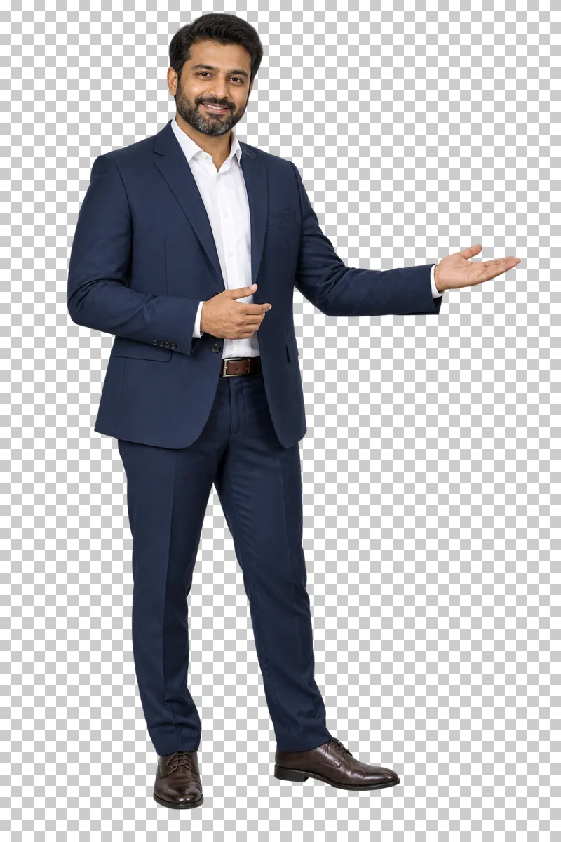 A man in a navy suit presenting to the side with an open palm.