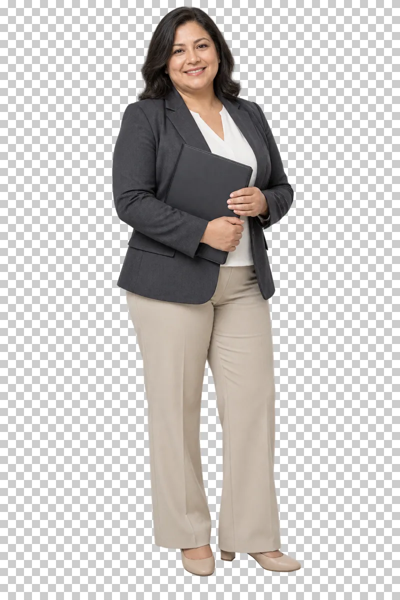 A woman in a charcoal blazer and beige trousers holding a dark folder.